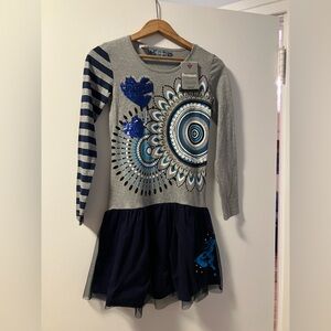 Desigual Gray and Navy Crewneck Dress with Sequin Heart and Butterfly Detail